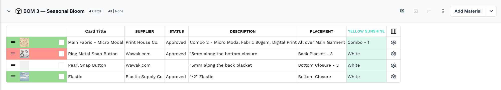 BOM 3 — Seasonal Bloom table in PLMBR with the Seasonal Bloom print fabric and the same snap buttons and elastic