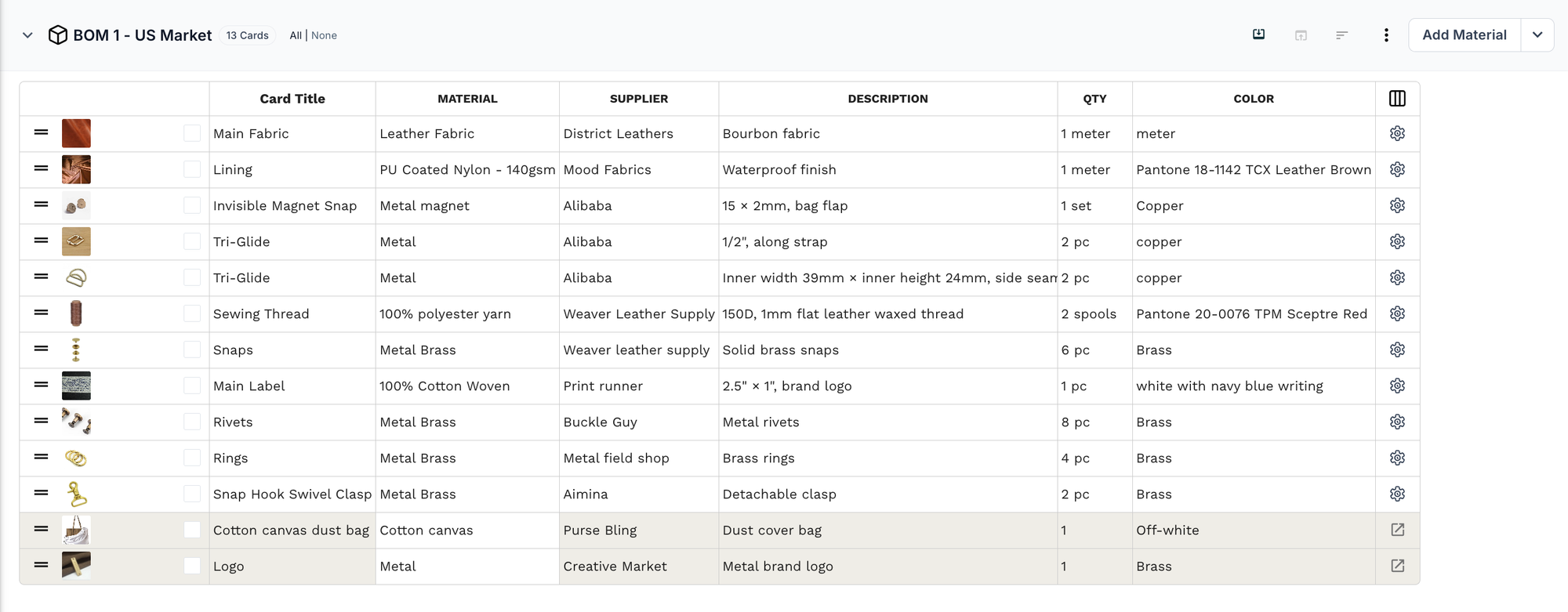 BOM 1 — US Market table in PLMBR listing main fabric, lining, magnet snap, tri-glides, thread, brass hardware, main label, dust bag, and logo