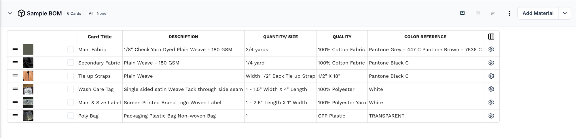 Sample BOM table in PLMBR for the bell sleeves top, listing main fabric, secondary fabric, tie-up straps, wash care tag, main and size label, and poly bag