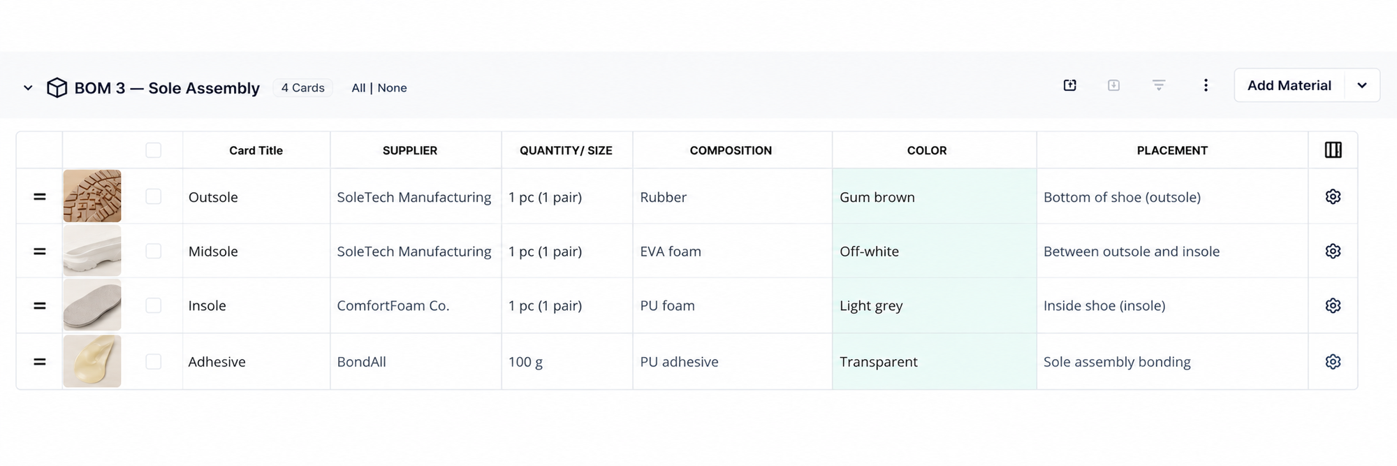 BOM 3 — Sole Assembly table in PLMBR listing outsole, midsole, insole, and adhesive