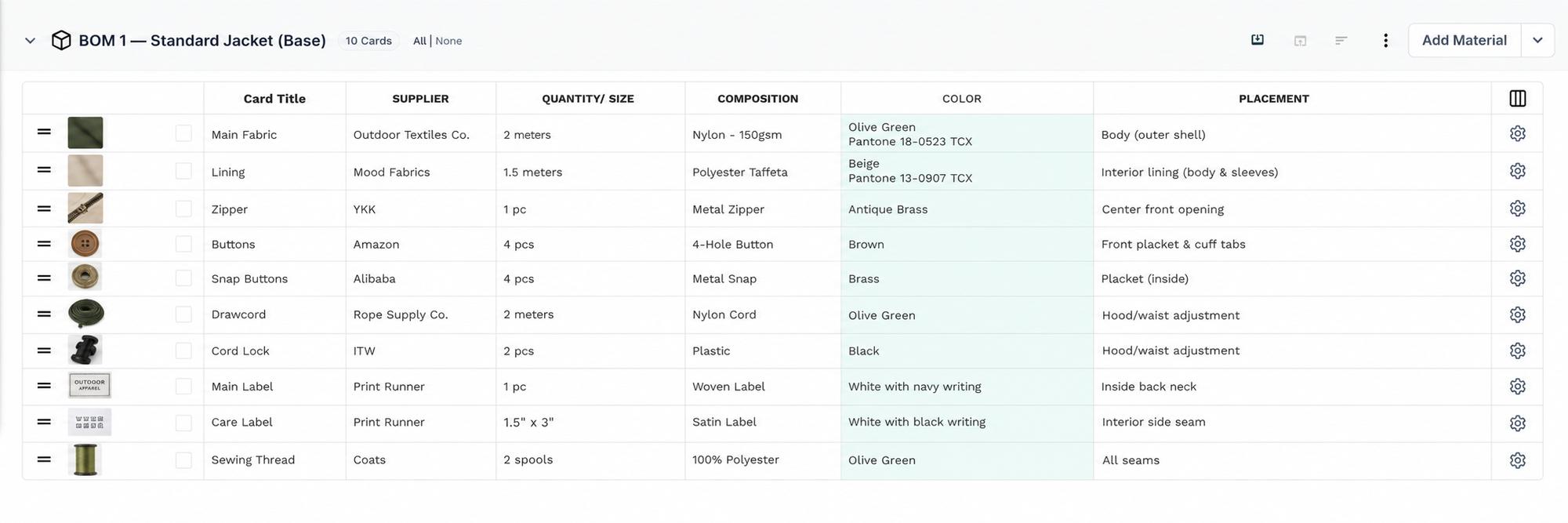 BOM 1 — Standard Jacket table in PLMBR listing main fabric, lining, zipper, buttons, snaps, drawcord, cord lock, labels, and thread