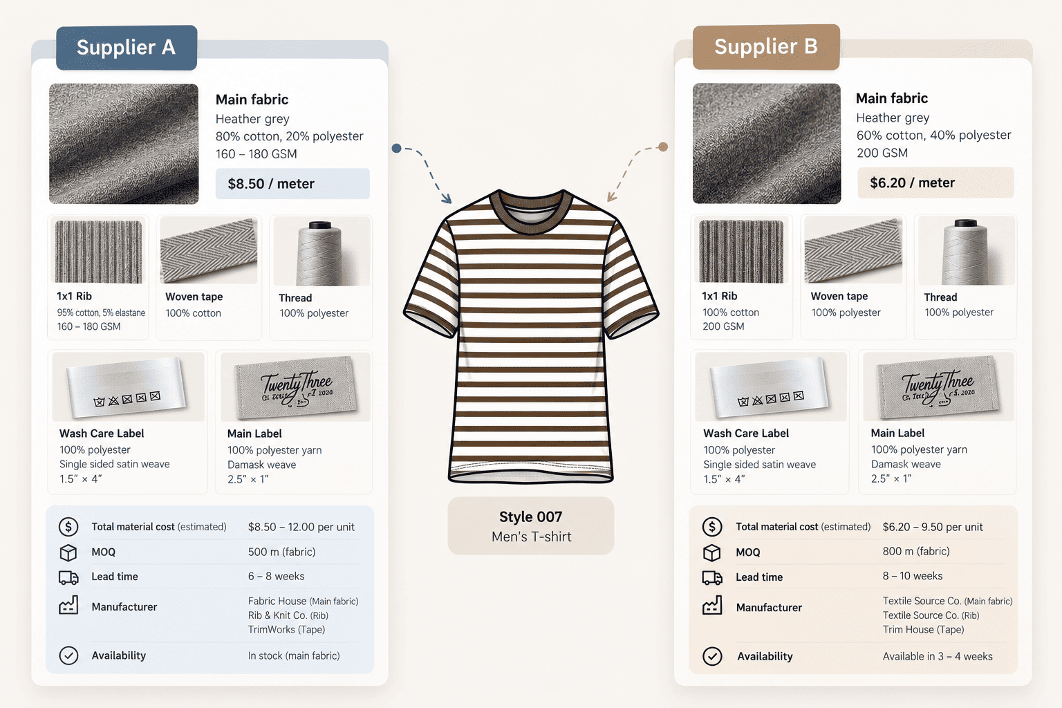 Side-by-side comparison of Supplier A and Supplier B for a striped men's T-shirt, showing main fabric, rib, woven tape, thread, labels, cost, MOQ, lead time, and availability