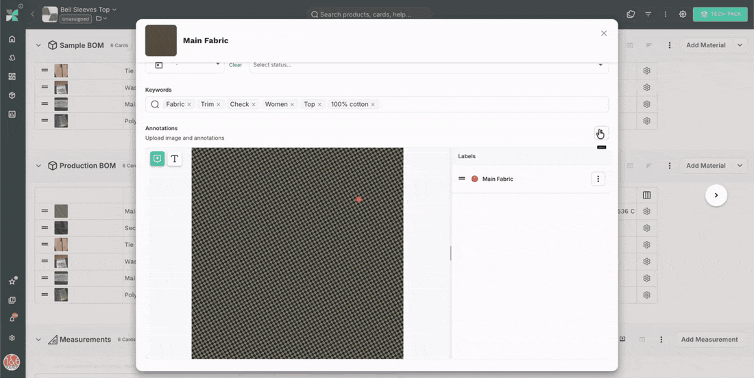 Using Upload/switch image in the material card annotations to replace the fabric image with a brown and beige gingham swatch