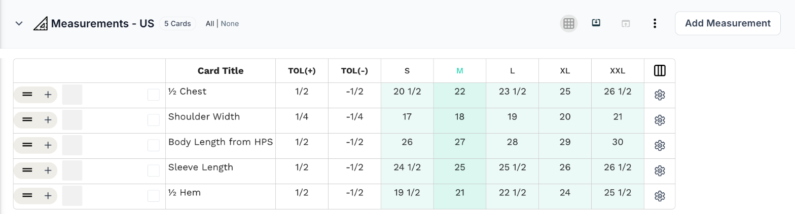 US measurement section for the lightweight jacket, sizes S to XXL