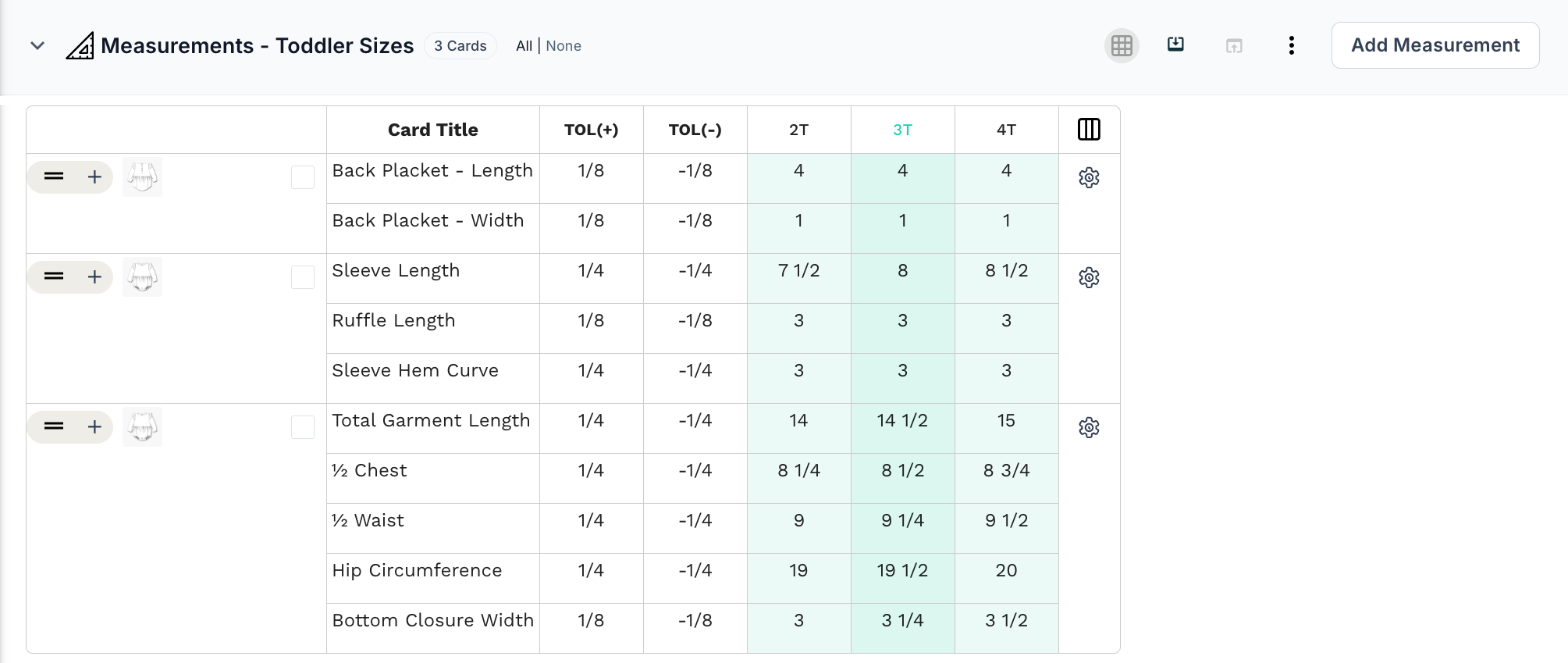 Toddler sizes measurement table for the kids' romper, sizes 2T, 3T and 4T