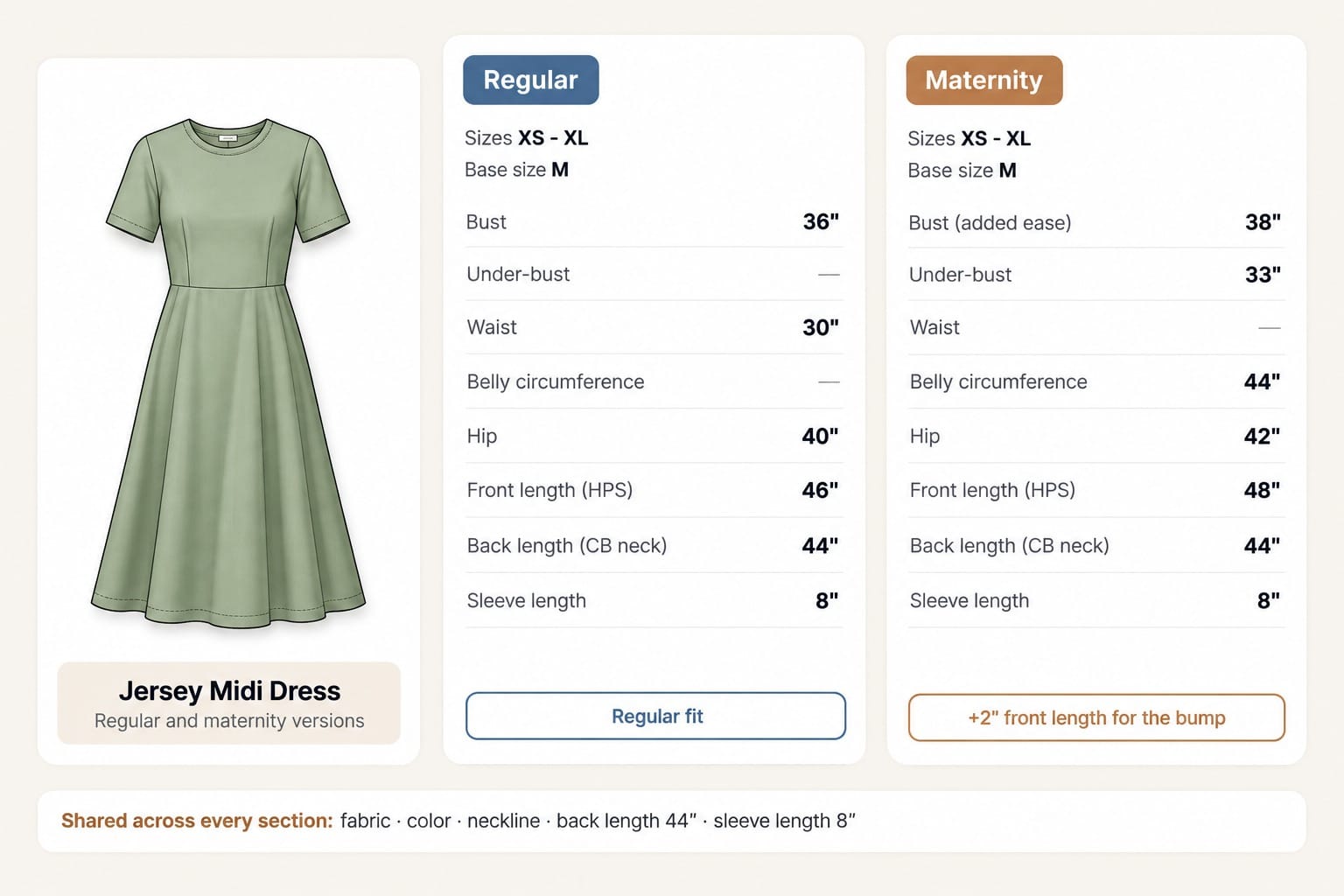 Jersey midi dress with regular and maternity measurement sections
