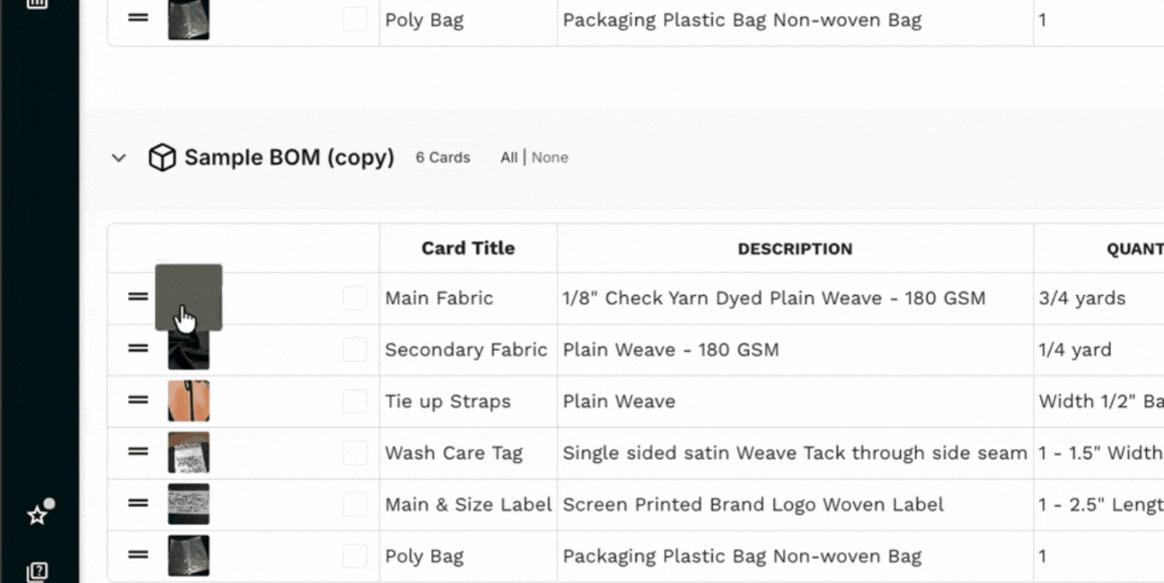 Clicking the main fabric thumbnail in the Production BOM to open its material card