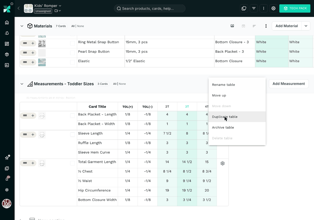 Duplicating the Toddler Sizes measurement table in PLMBR