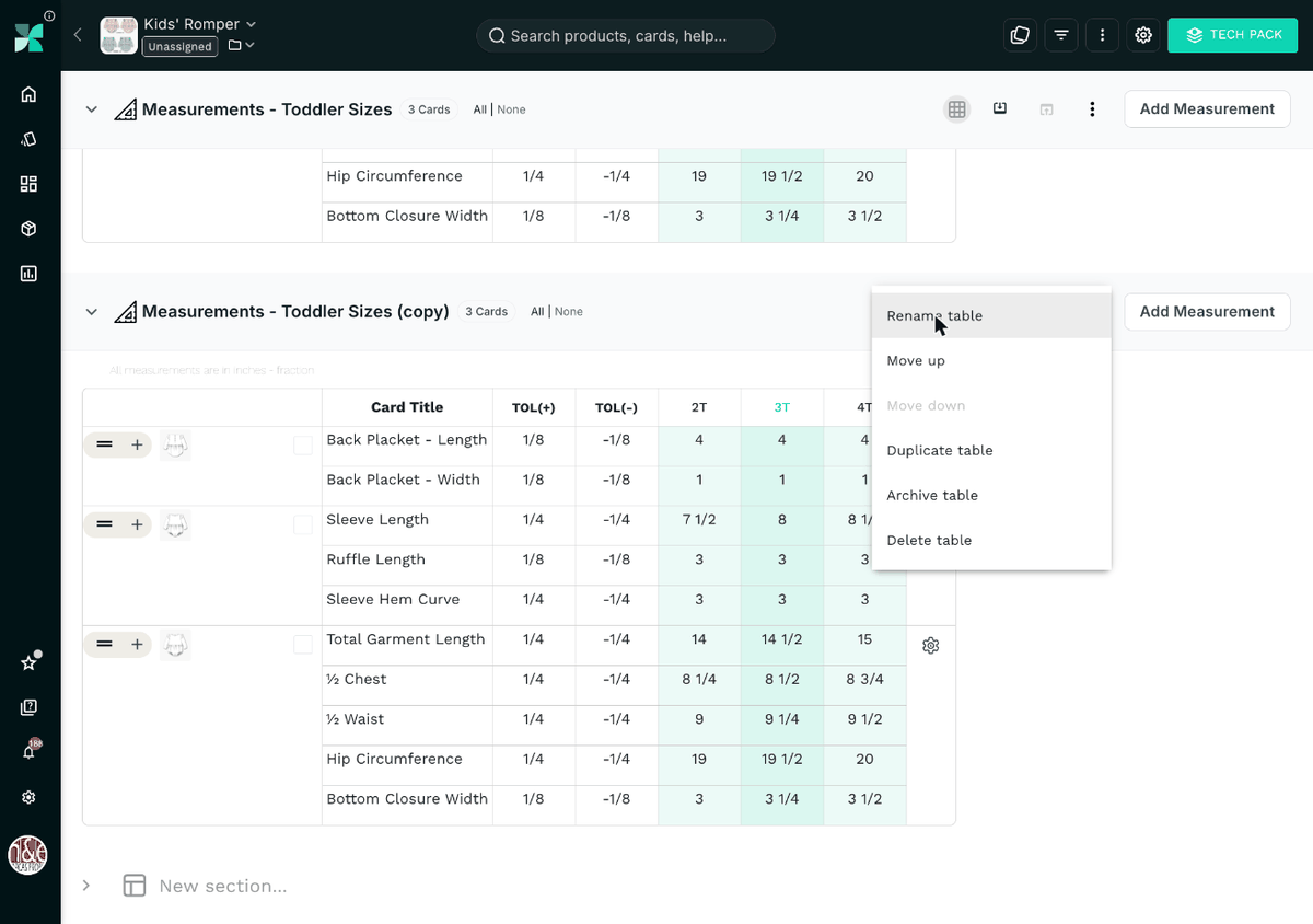 Renaming the copied measurement table to Big Girl Sizes in PLMBR