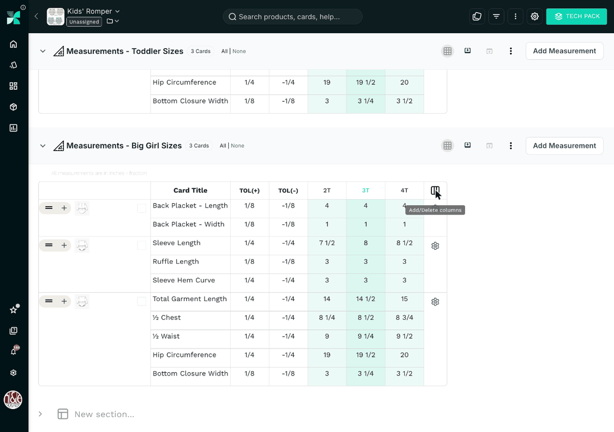 Adding size columns 8 to 16 in the Manage Columns window in PLMBR
