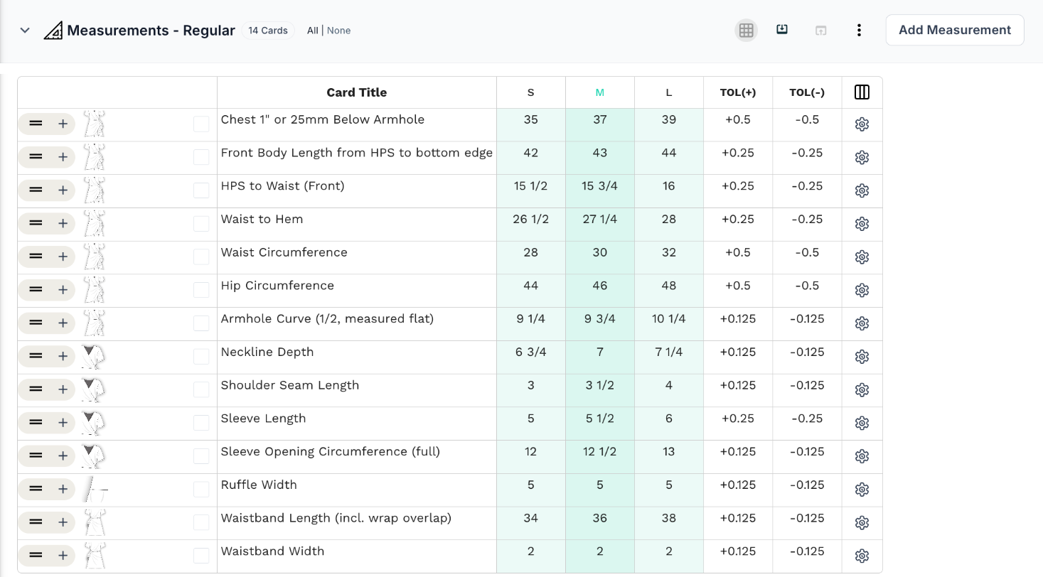 Regular measurement table for the wrap dress, sizes S, M and L